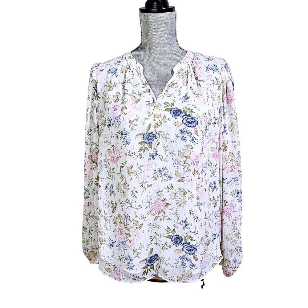 Rachel Zoe White Floral Boho Blouse Large Romantic Cottagecore Garden Party Airy